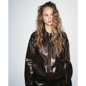Zara / Faux Leather Bomber Jacket in Chocolate